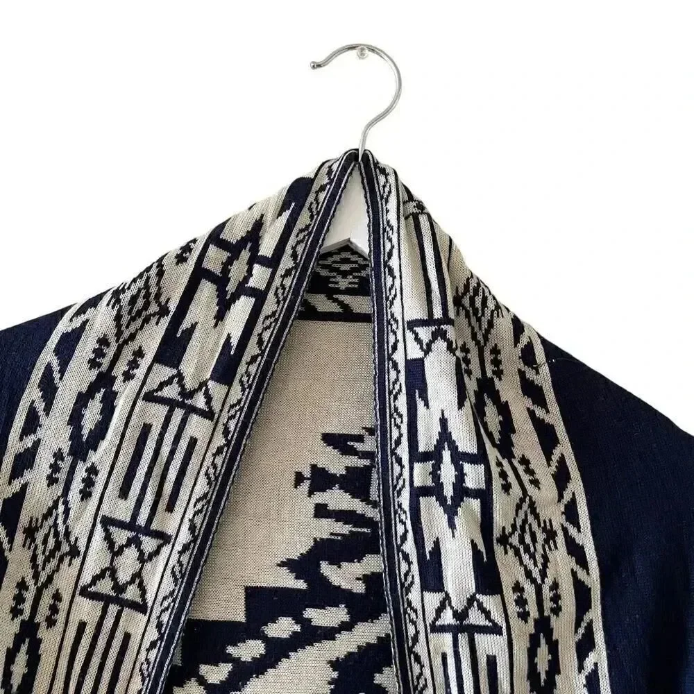 Reversible Shawl Women's Ruana Wrap  Bohemian Navy and Cream  One Size # 1496